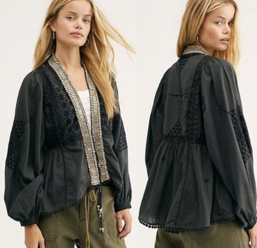 NWT FREE PEOPLE JASMINE Women's OPEN FRONT Jacket BEADED EMBROIDERED Black XL
